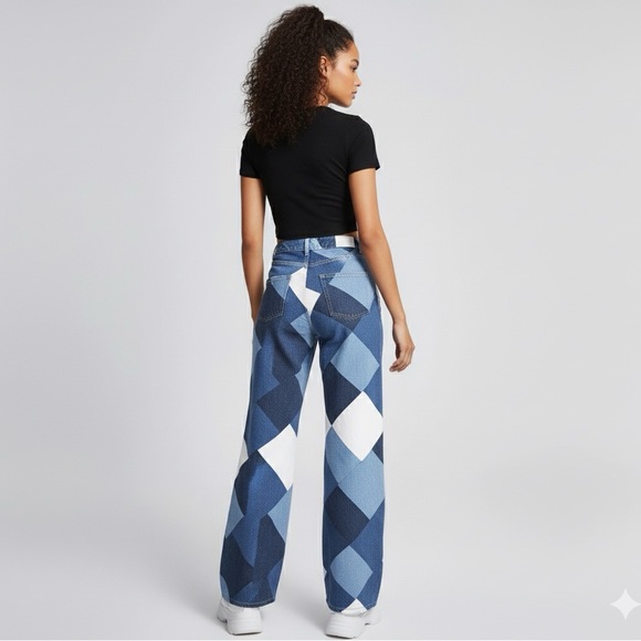 Diamond Patchwork Jesns Wide-Leg Denim – Statement Edition - Picture 9 of 14